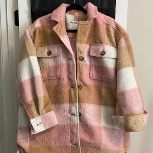 Pink plaid faux wool shacket